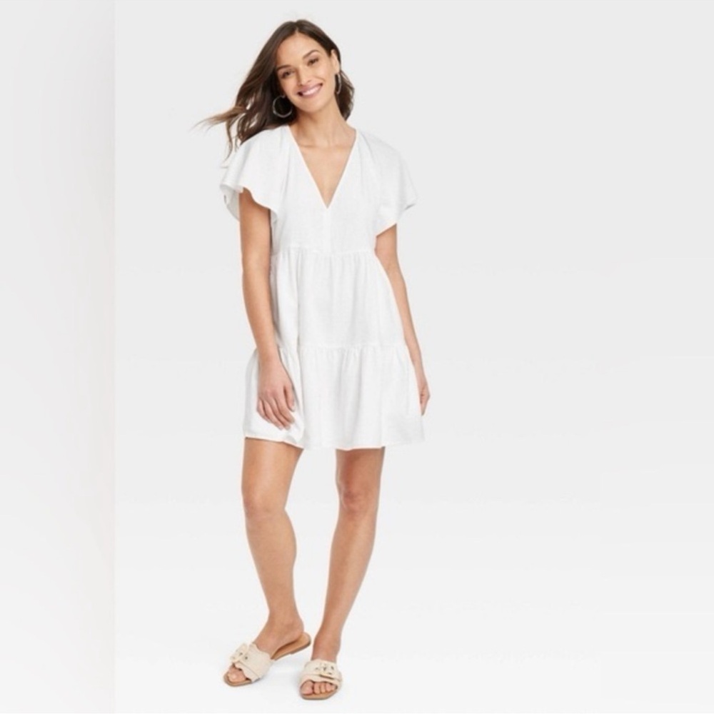 Charming Flutter Sleeve White Linen Dress